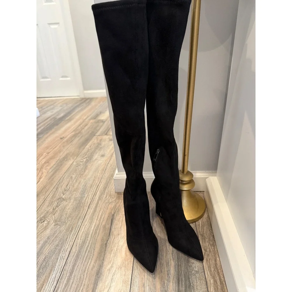 JLO Jennifer Lopez Glyna Black Over The Knee Boots, Gold Heel Size 8